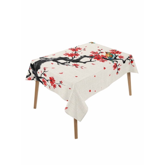Red Spring Floral Rectangle Tablecloth, Birds Branches Watercolor Flowers Rustic Waterproof & StainResistant Tablecloth, Washable Oil-proof Table Cover for Dining/Party/Wedding/Buffet 60x84 In
