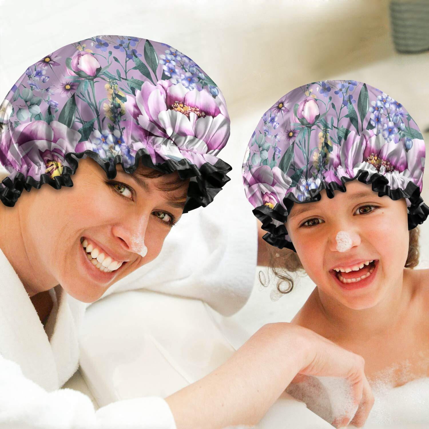 Shower Caps,Purple Butterfly Flower Butterfly Pattern Waterproof Shower Cap for Women 4 Pieces,Double Reusable Hair Cover for Shower PEVA Elastic Stretch Hem