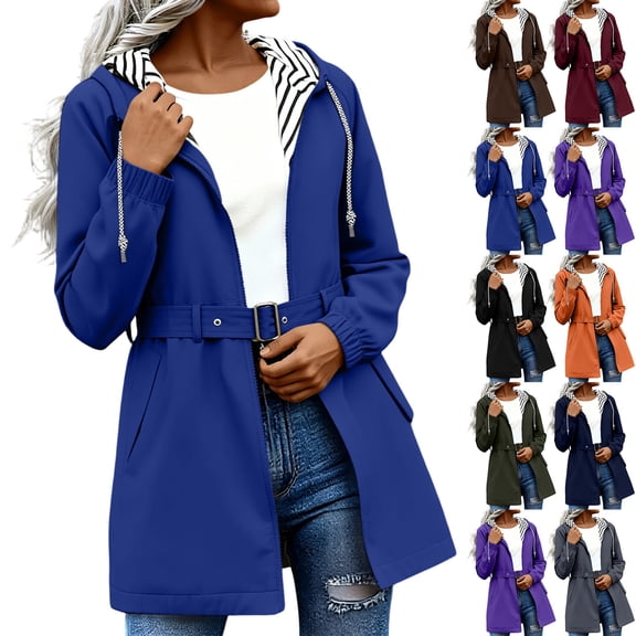 Women's Trekking Jacket Casual Hooded Mid-Length Waterproof Jacket With Adjustable Waist Belt and Pockets Available in Size S-2XL