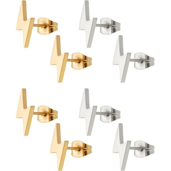 4 Pairs Lightning Bolt Stud Earrings Golden Stainless Steel 12x5mm 8 Count