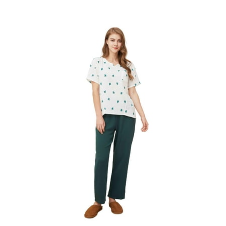 

WORW Womens Soft Cotton Pajama Set - White-short Sleeve Small