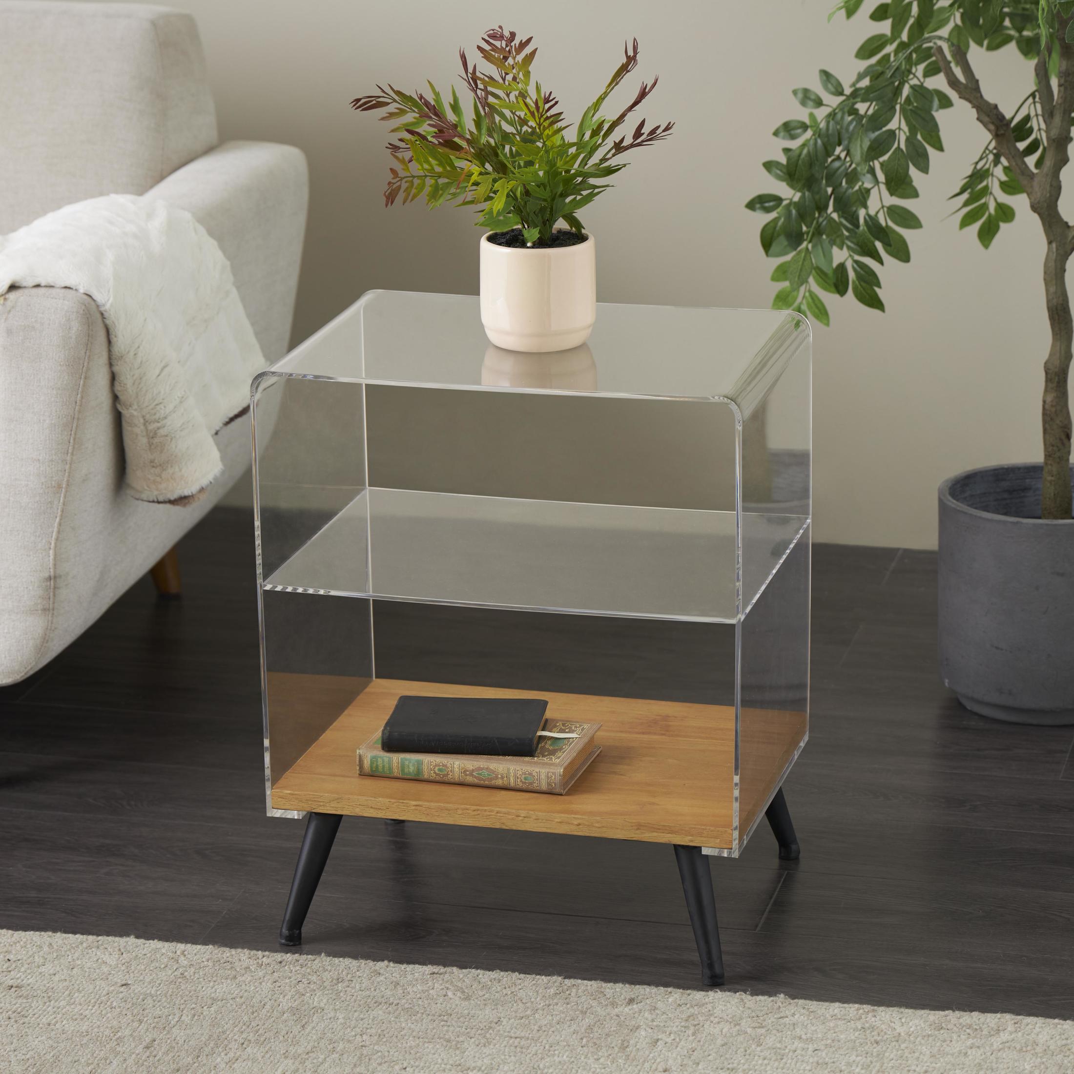 DecMode 19" x 23" Clear Acrylic Plastic Accent Table with Wood Base and Black Metal Legs, 1-Piece