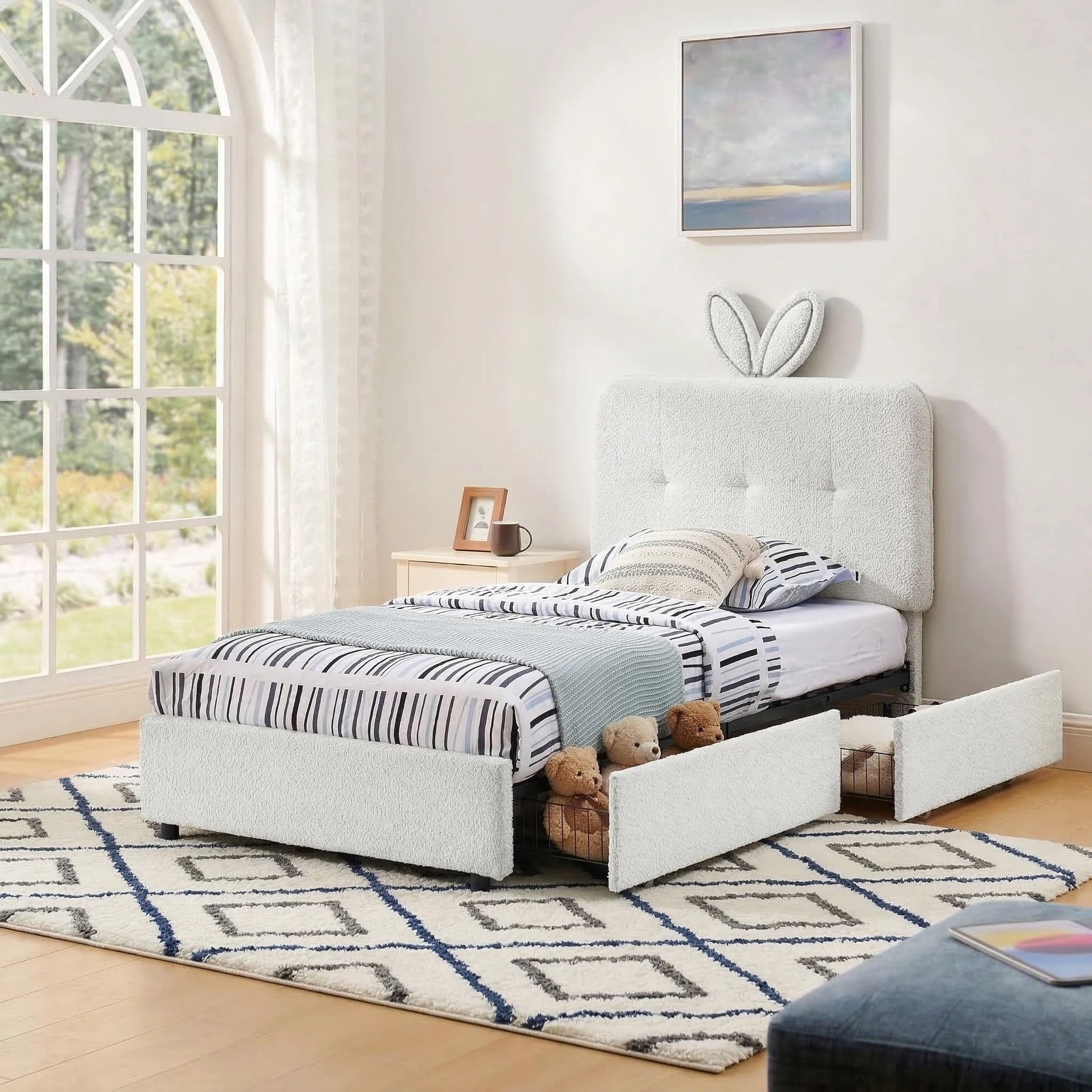 Aisword Twin Upholstered Bed Frame with 4 Storage Drawers & Rabbit Ear LED Headboard, No Box Spring Needed, Wooden Slats Support, Beige