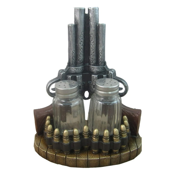 DWK Six Shooter Revolver Figurine Porte-Épices avec Verre Rechargeable Sel et Poivre Ensemble 3 Pcs / Revolver Western Décoration de Cuisine Ancienne Ferme - 7 Pouces