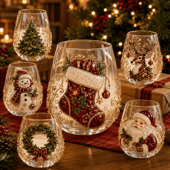 3D Christmas Glass Art Cup, Raised Holiday Stemless Wine Glass with Santa Snowman Reindeer Tree Wreath or Stocking Design, Christmas Decorative Glass Cup for Drinks and Gift Giving