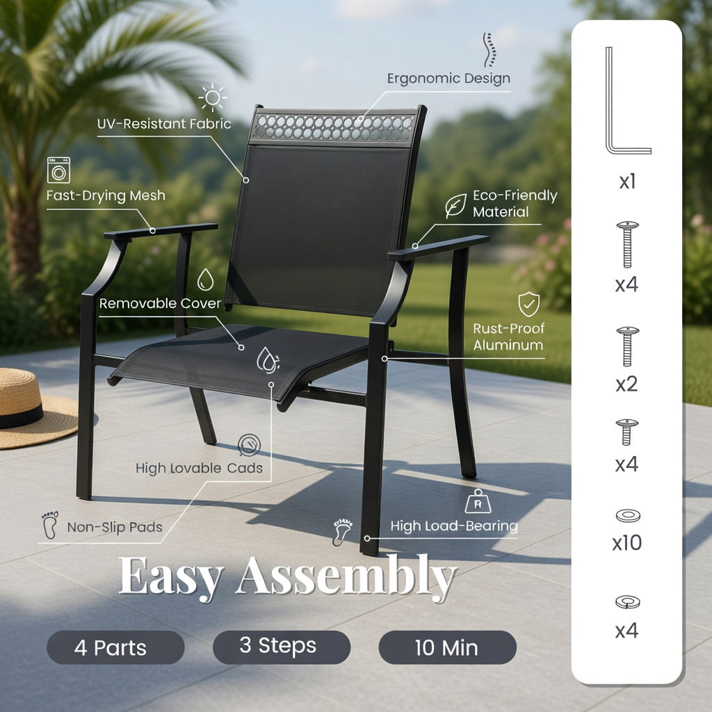 Hommoo 2-Piece Outdoor Patio Chairs Set, All-Weather Breathable Fabric, Heavy-Duty Steel Frame, Poolside & Lawn Ready, Black