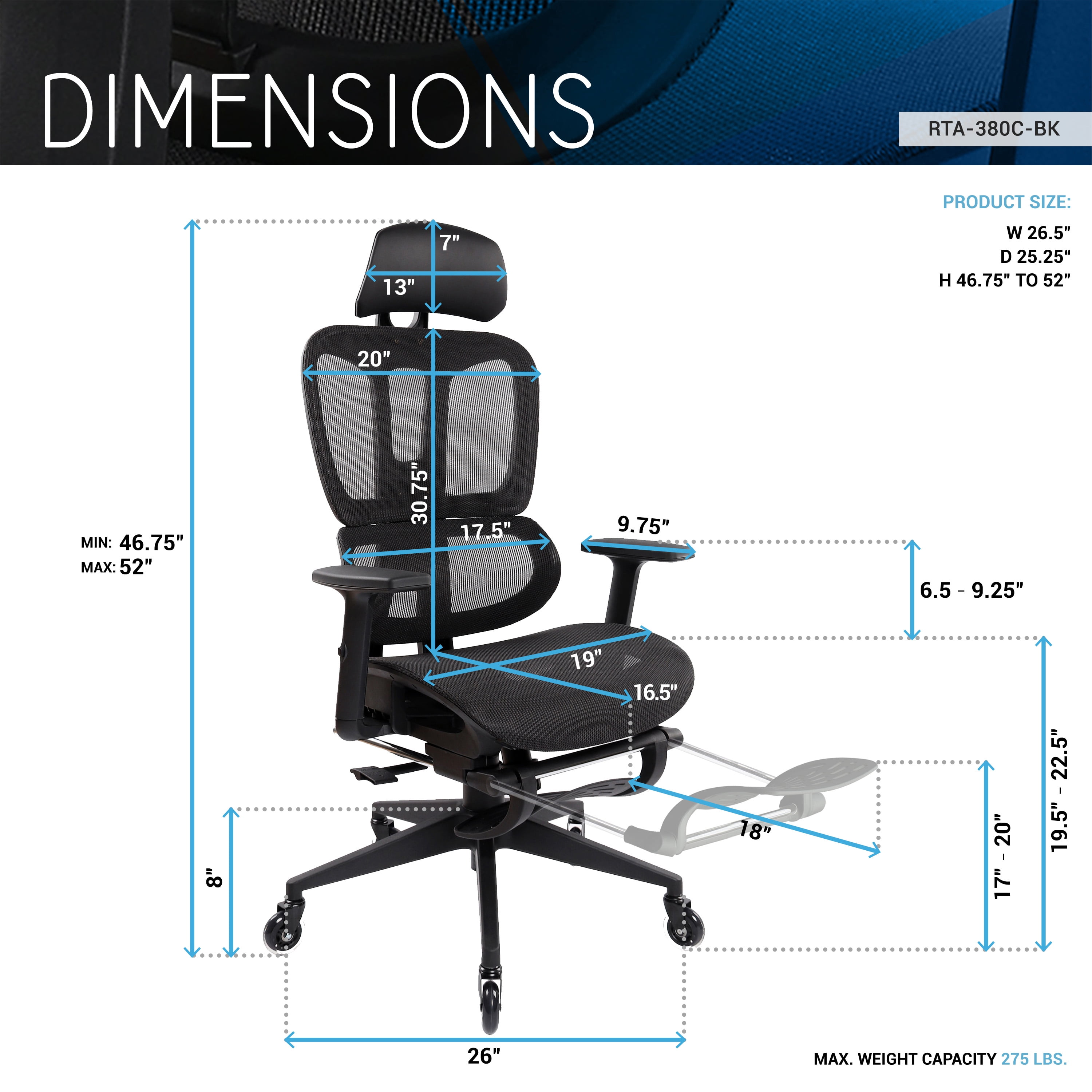 Techni Mobili Ultimate Reclining Ergonomic Mesh Office Chair with Lumbar Support and Footrest RTA-380C-BK
