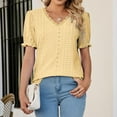 thumbnail image 5 of Mittory Eyelet Tops for Women Trendy Ruffle Trim Puff Short Sleeve Summer T Shirts V Neck Tunic Blouses, 5 of 8