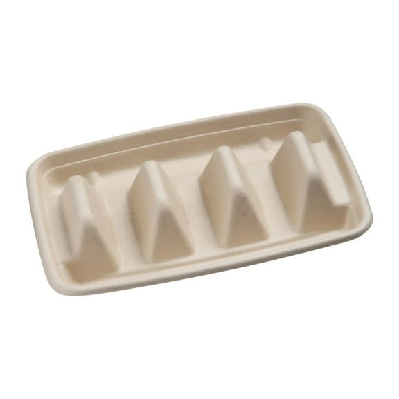 XIAOLE 50 PCS Disposable Taco Holders for Party, Bagasse Pulp Fiber Taco Plates with 3 Dividers, Fiesta Taco Tray Holder for 3 Tacos, Taco Tuesday Susan Taco Bar Serving Set for Party