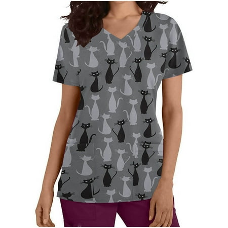 

Womail Scrub Tops for Women V-neck Workwear Printing Short Sleeve T Shirts Solid Color Overalls