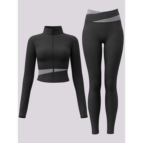 PISONIC 2pcs Women'S Sports Set, Color Block Jacket and Pants, High Neck, Breathable, Slim Fit, Elastic Waist, Long Length, Medium Stretch, for Cycling, Fitness, Yoga, Running, All-Season