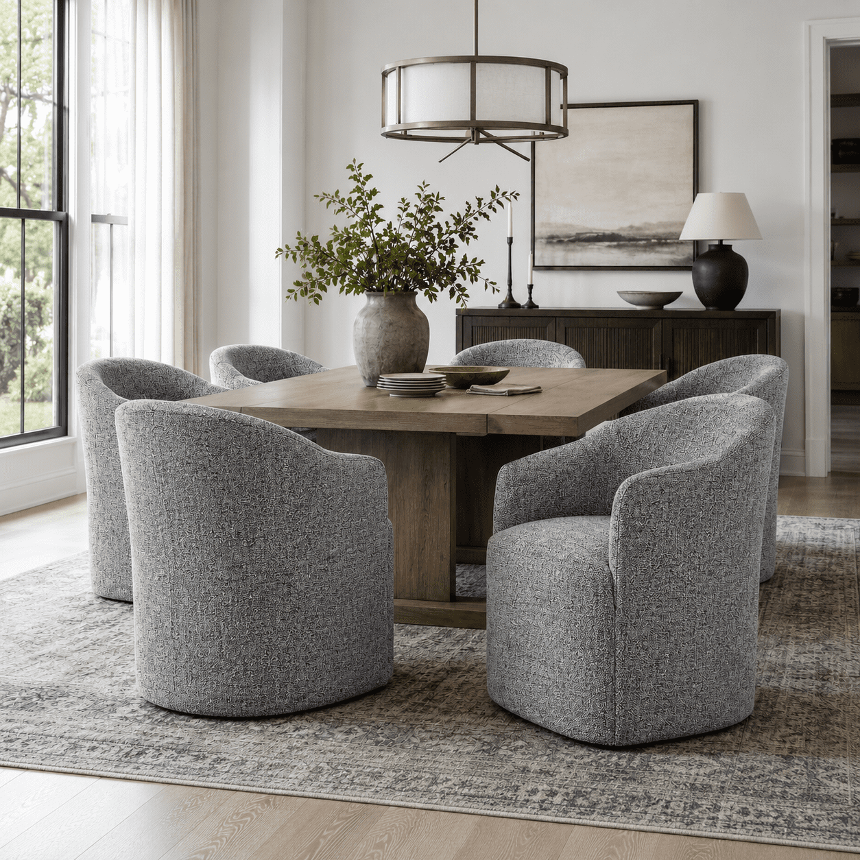 Aenkyo Dining Chair with Casters, Upholstered Barrel Back Rolling Accent Chair, Pewter Gray
