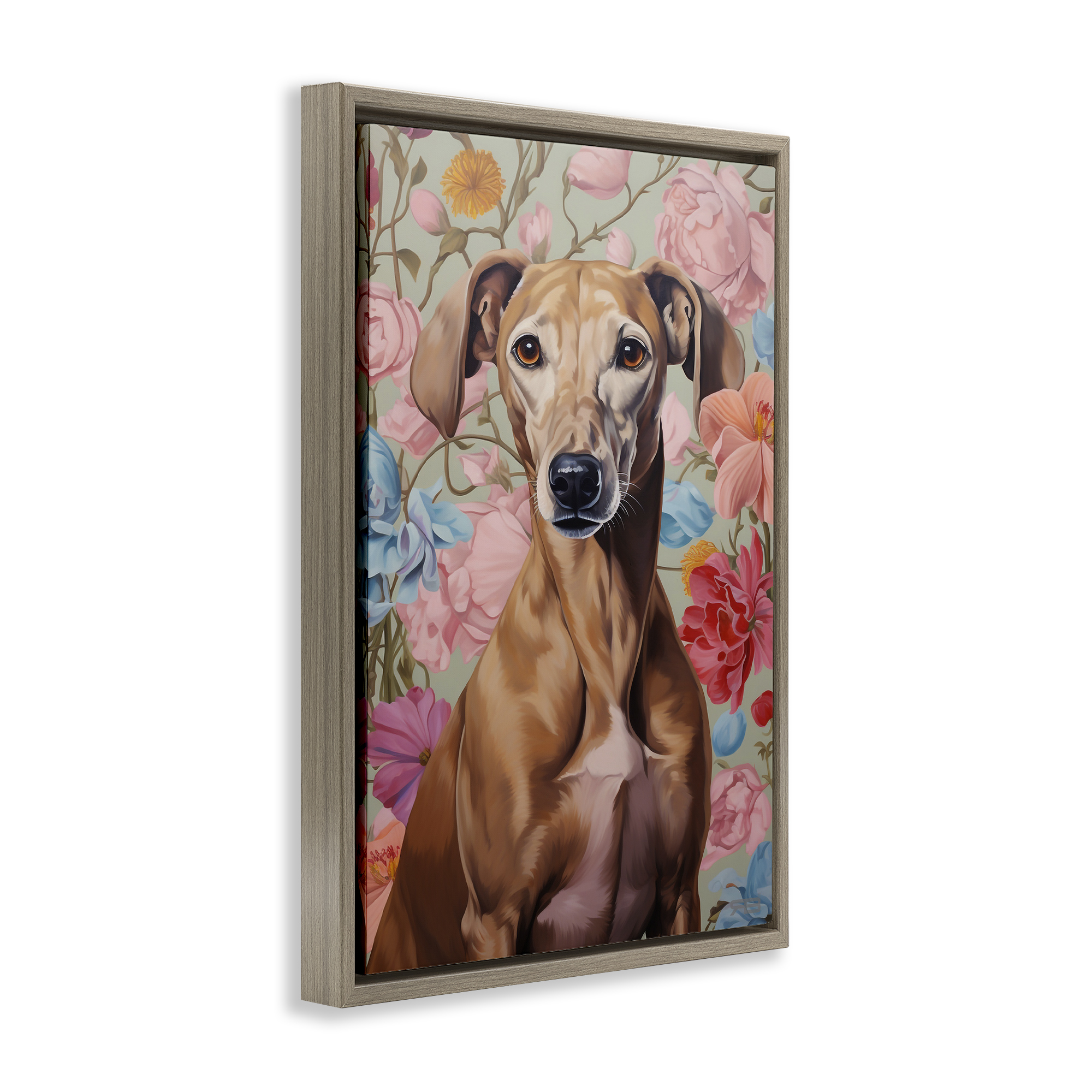 Stupell Industries Greyhound on Florals Animals & Insects Painting Brown Floater Framed Canvas Art Print Wall Art, 17 x 25