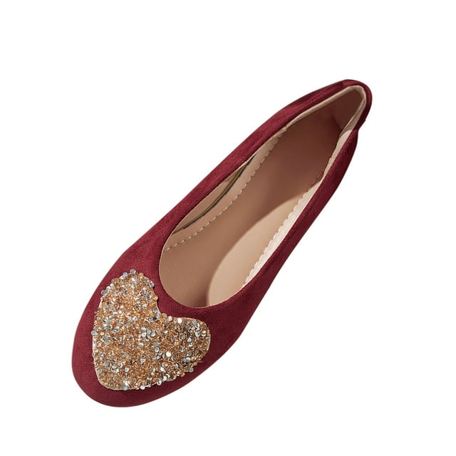 Wine Round Toe Slip-On Flats For Women, Adorned With A Heart Design, For A Comfortable And Playful Everyday Shoe