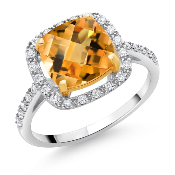 Gem Stone King 925 Sterling Silver and 10K Yellow Gold Yellow Citrine and White Lab Grown Diamond Engagement Ring for Women (2.21 Cttw, Cushion Checkerboard Cut 8MM, Available in Size 5, 6, 7, 8, 9)