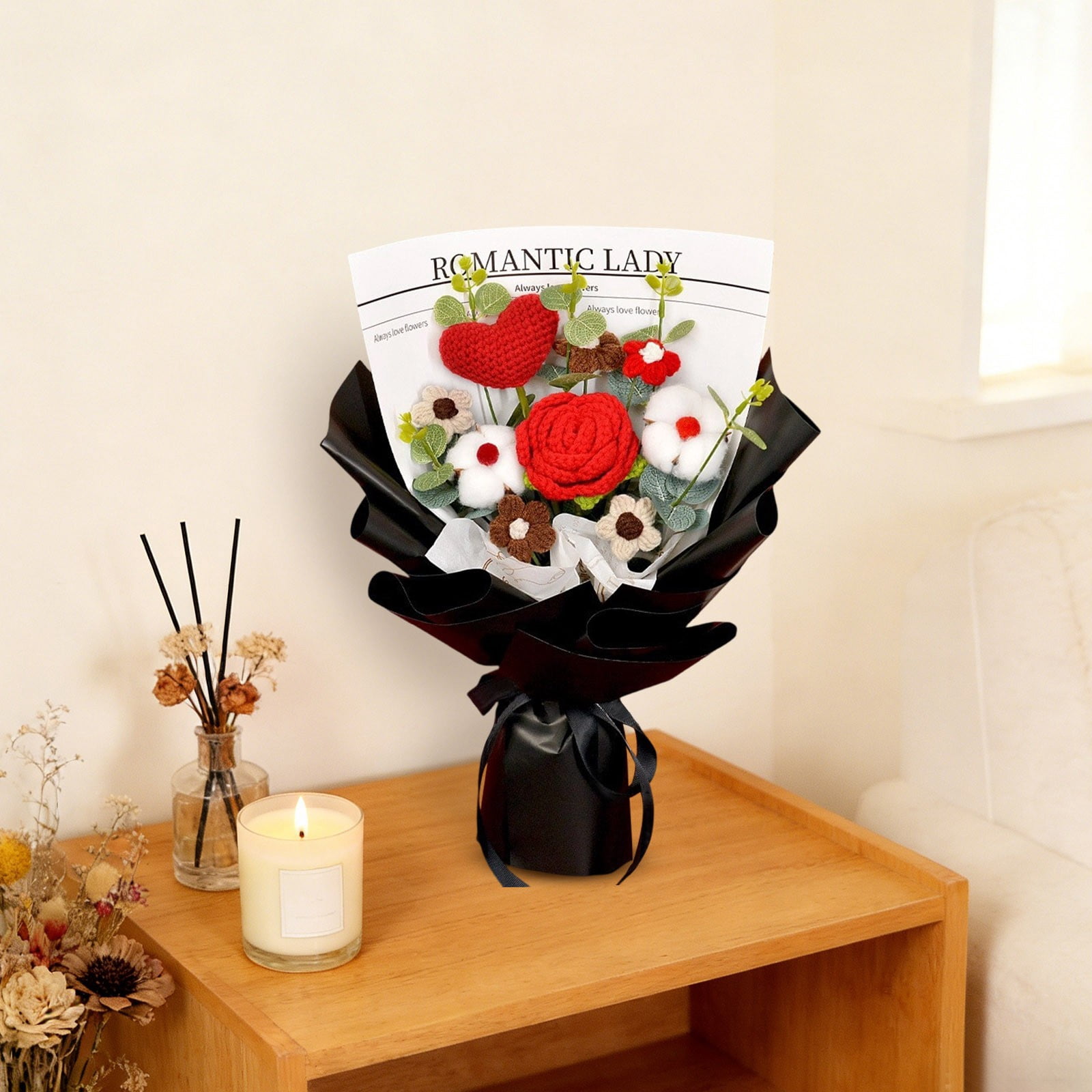 Knitted Flower Bouquet Handmade Tulip Rose Daisy Crochet Flowers, Gift for Mother's Day Graduation Birthday Teacher Appreciation Home Decor Artificial Bouquet