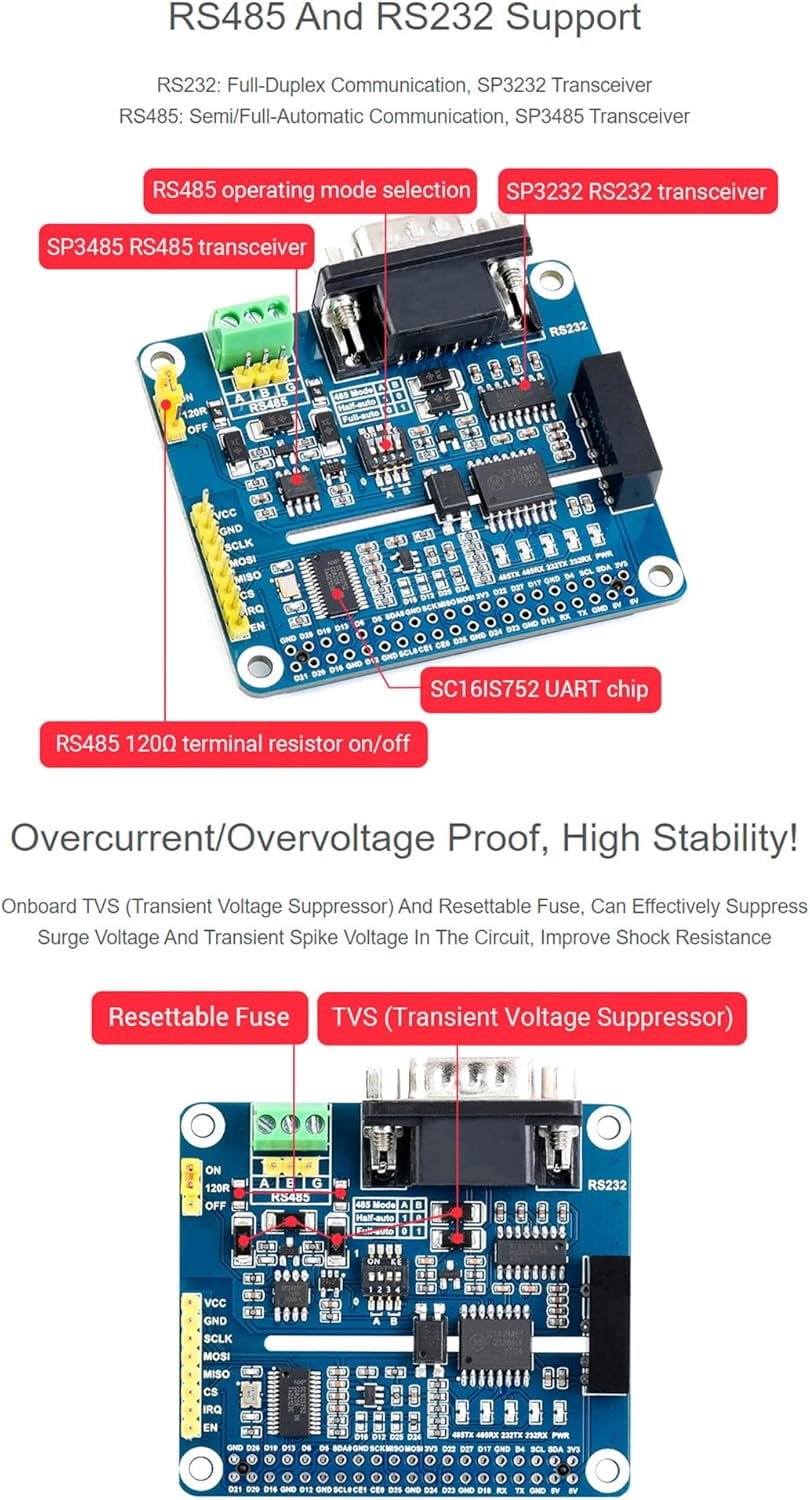 Isolated RS485 RS232 Expansion HAT Board for 4B/3B+/3B/2B/Zero/Zero 2 W/Zero 2 WH, SPI Control Onboard Protection Circuits