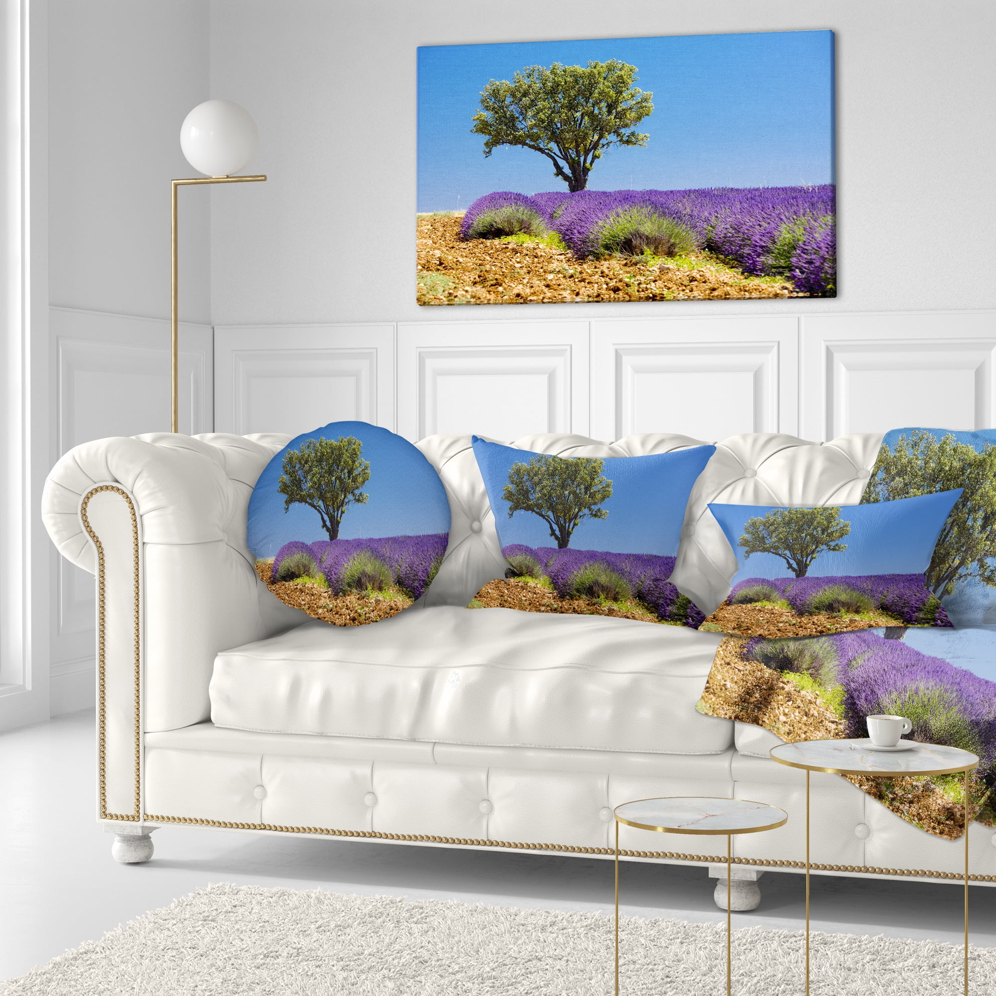 Designart Lone Green Tree in Lavender Field - Landscape Printed Throw Pillow - 12x20