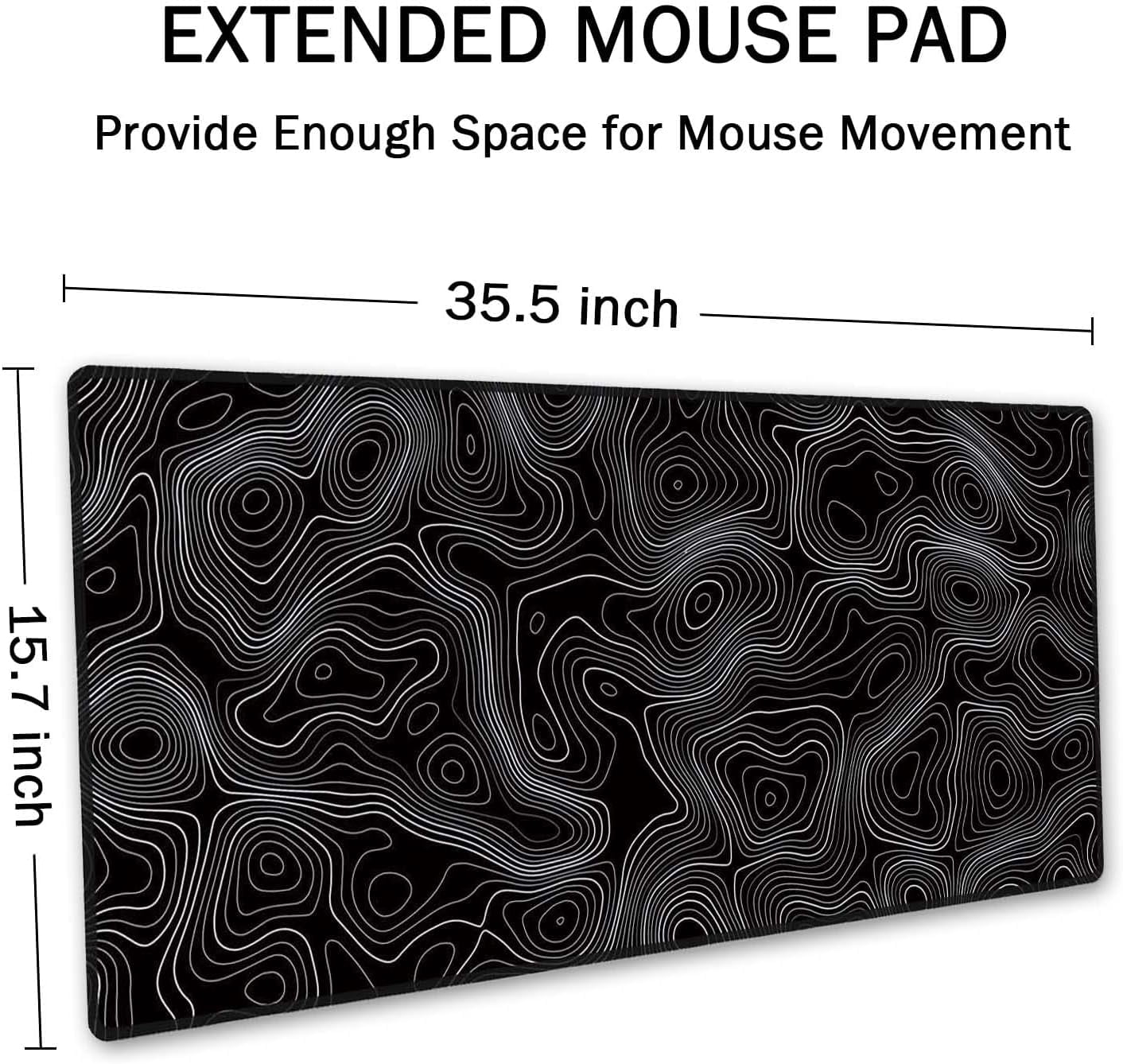 Black Topographic Extended Gaming Mouse Pad XXL ArtSo Large Keyboard Mat Long Mousepad Desk Decor Writing Pad Non Slip Rubber Base Stitched Edges for Work, Game, Office, Home, 35.4" x 15.7"