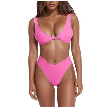 JIANJIA Womens Swimsuits Solid Color Strappy Brassiere With Thongs Fashion Sexy Beach Swimsuit Two Piece Bikinis Swimwears Activewear Pink Xl