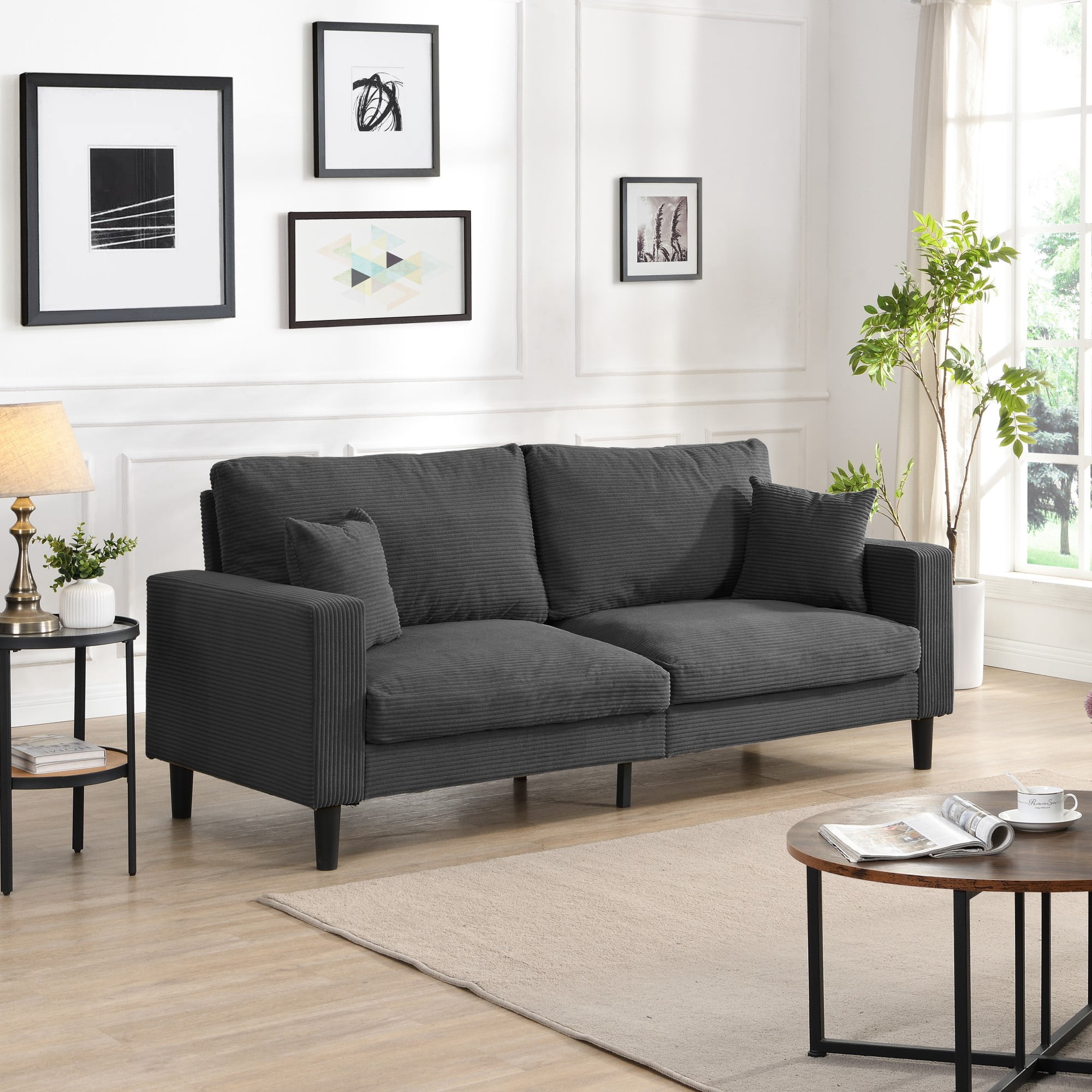 74" Modern Upholstered Sofa Couch,Comfy 3 Seater Sofa with 2 Pillows for Living Room Bedroom Apartment,Dark Gray