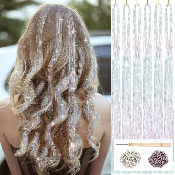 NOGIS Hair Tinsel Kit with Tools, Hair Tinsel Heat Resistant Fairy Hair Tinsel Kit 1200Strands, 47Inch Sparkling Glitter Tinsel Hair Extensions Hair Tensile for Girls Kids Women (White Pink)