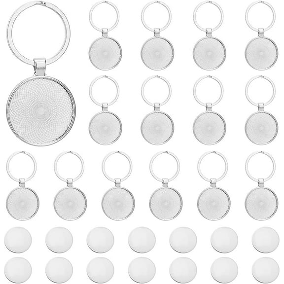 15 Sets Keychain Pendant Tray 30mm/1.18" Platinum Alloy Cabochon Keychain Blanks with Keyring DIY Keyring Making kit for Photo Resin Personalized Crafting Clear