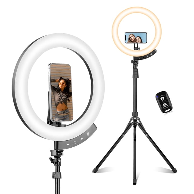 sensyne anillo de luz de 12" con soporte para trípode de 62" multicolor, aro LED circular sobre trípode negro ajustable hasta 62" con soporte magnético para teléfono en el centro, controles en la base del aro y control remoto Bluetooth visible, ideal para selfies, transmisión en vivo y grabación.