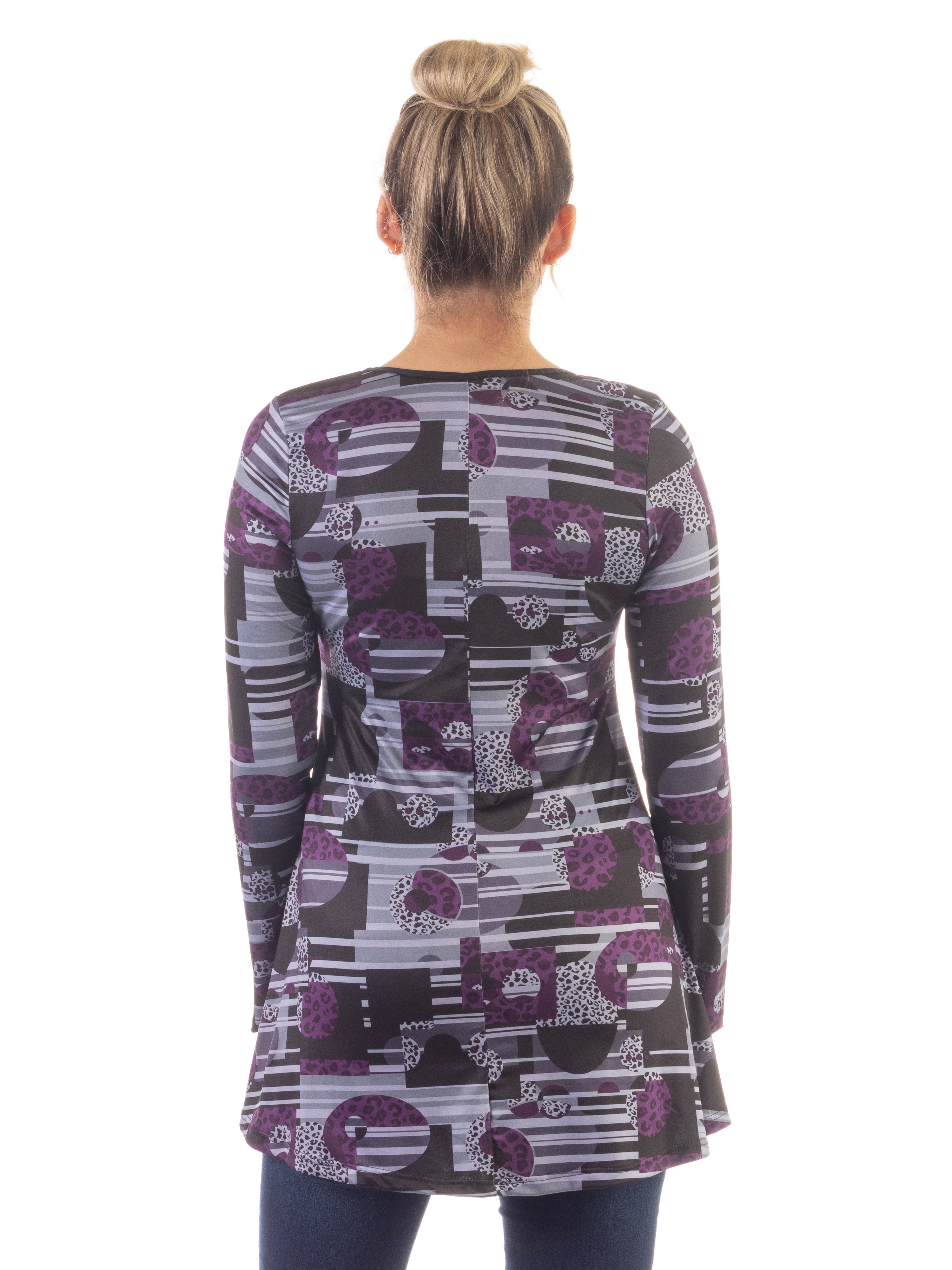 24/7 Comfort Apparel Womens Purple Print Scoop Neck Long Sleeve Tunic Top