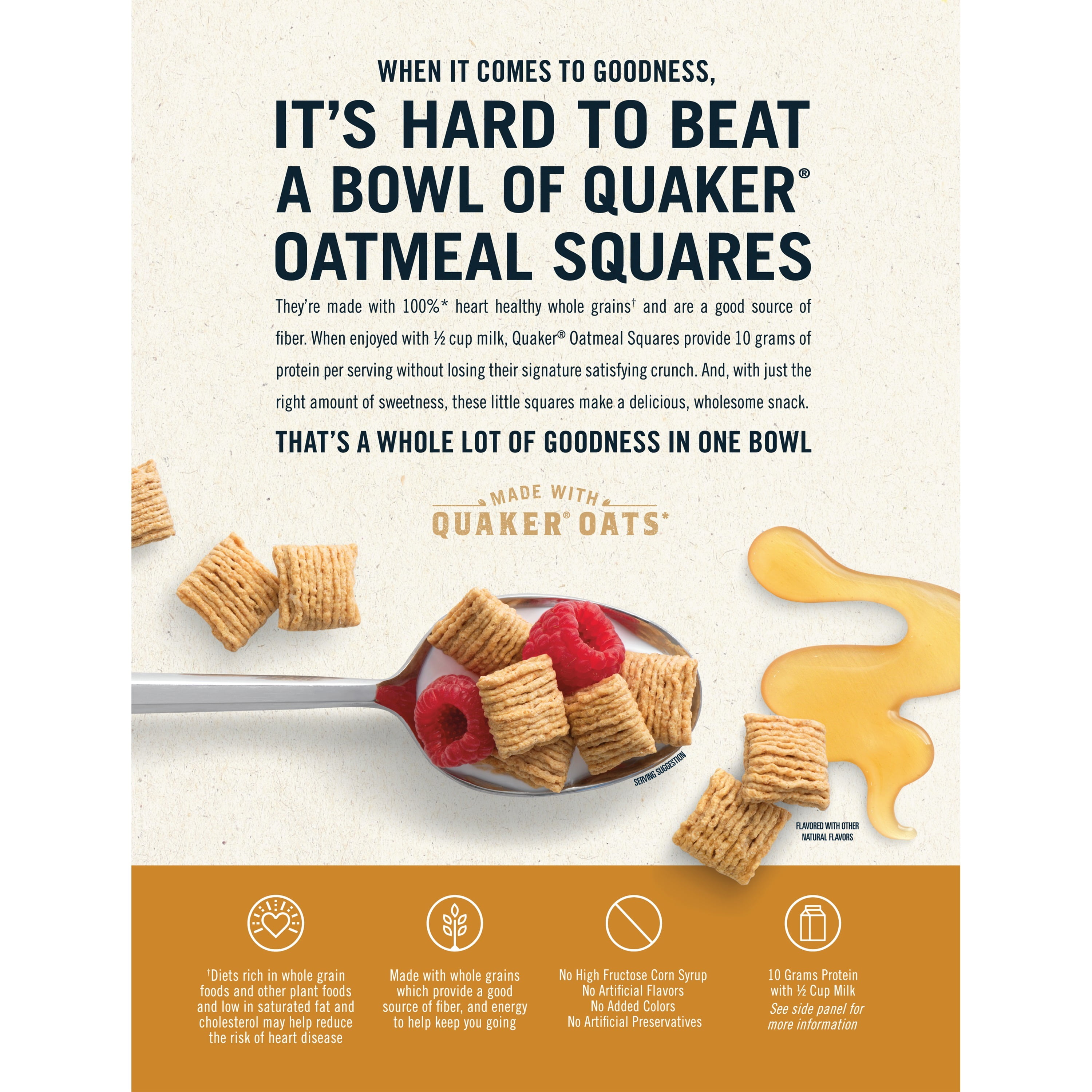 Quaker Oatmeal Squares Crunchy Whole Grain Cereal Honey Nut, 14.5 OZ.