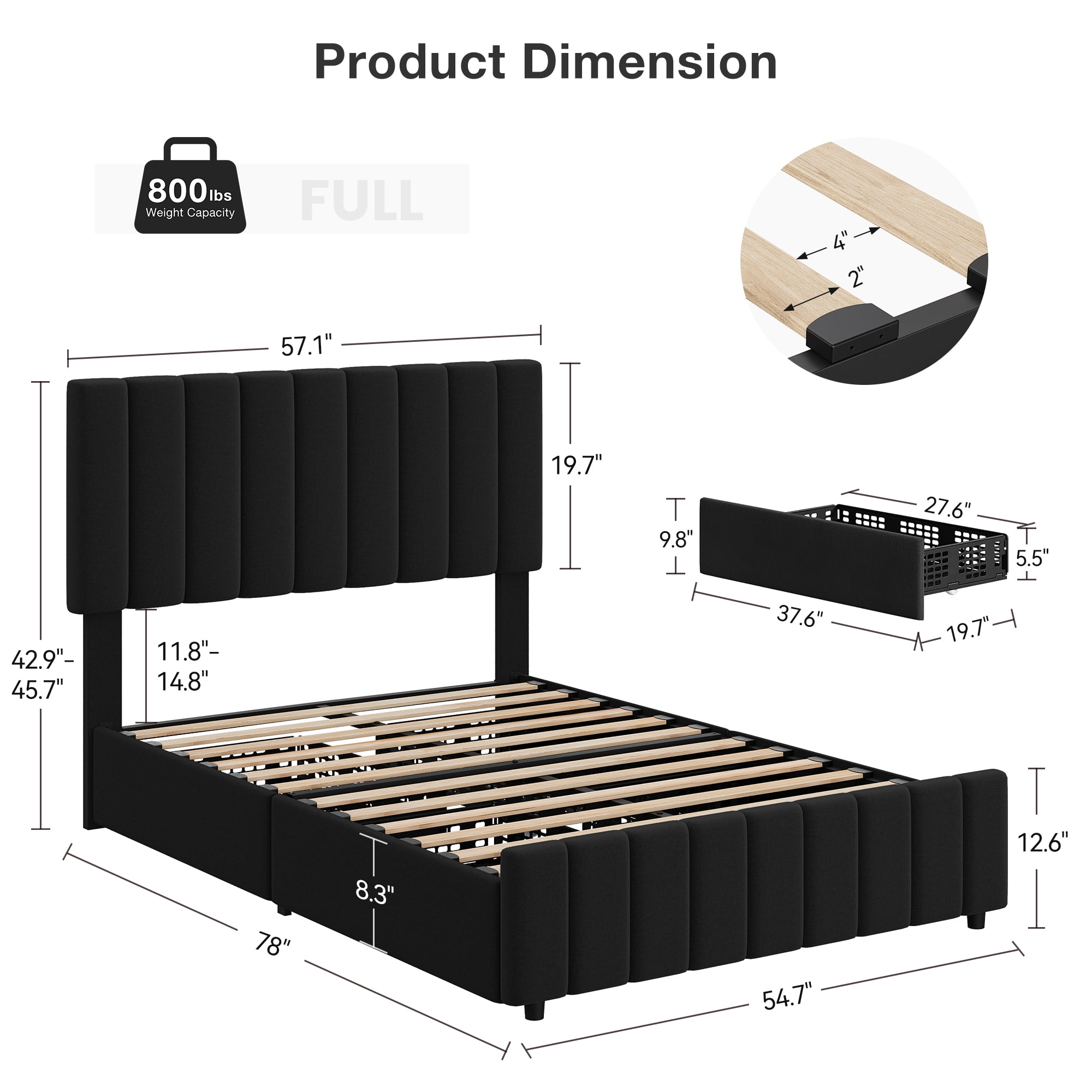 Hetoy Queen Size Bed Frame with 4 Storage Drawers and Adjustable Headboard, Linen Upholstered Platform Bed Frame with Wooden Slats Support, No Box Spring Needed, Black