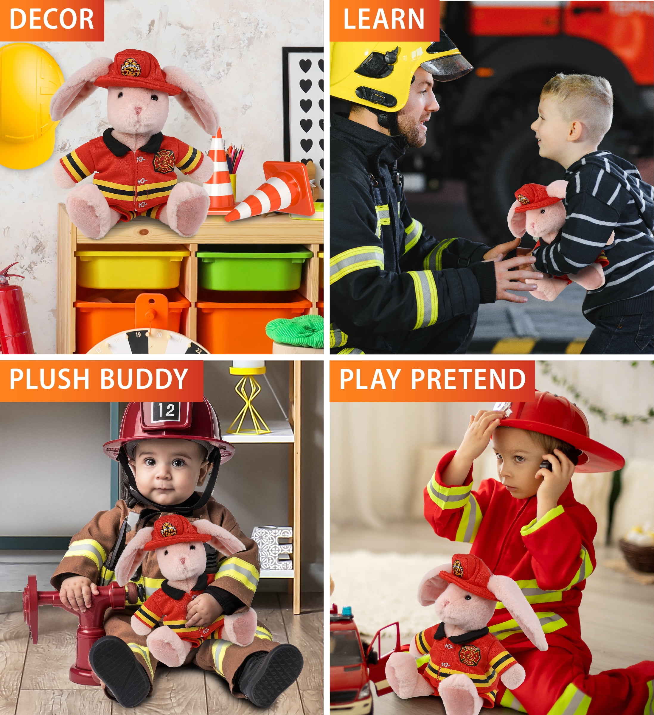 DolliBu Baby Pink Rabbit Firefighter Stuffed Animal - Rabbit Fireman Toy with Red Fireman Costume Outfit and Fireman Hat, Cute Wild Life Stuffed Animal Fire Fighter Doll Plush Toy for Kids - 8 Inch