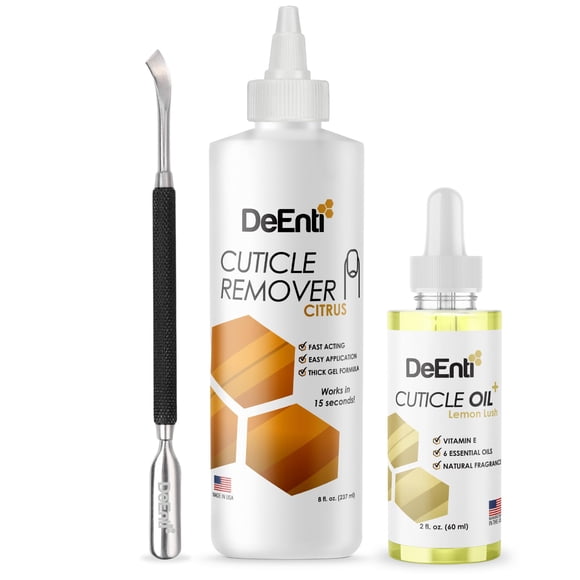 El paquete de mantenimiento de cutículas DeEnti incluye aceite para cutículas con aroma a cítricos para uñas y herramienta empujadora de cutículas de metal, kit de manicura y pedicura para el hogar, c