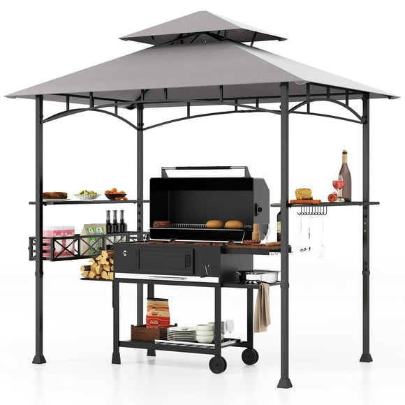 Topbuy 8 x 5 FT Outdoor Grill Gazebo Double Tiered BBQ Canopy Tent w/ 2 Side Shelves 20 Hooks Bottle Opener & Storage Basket