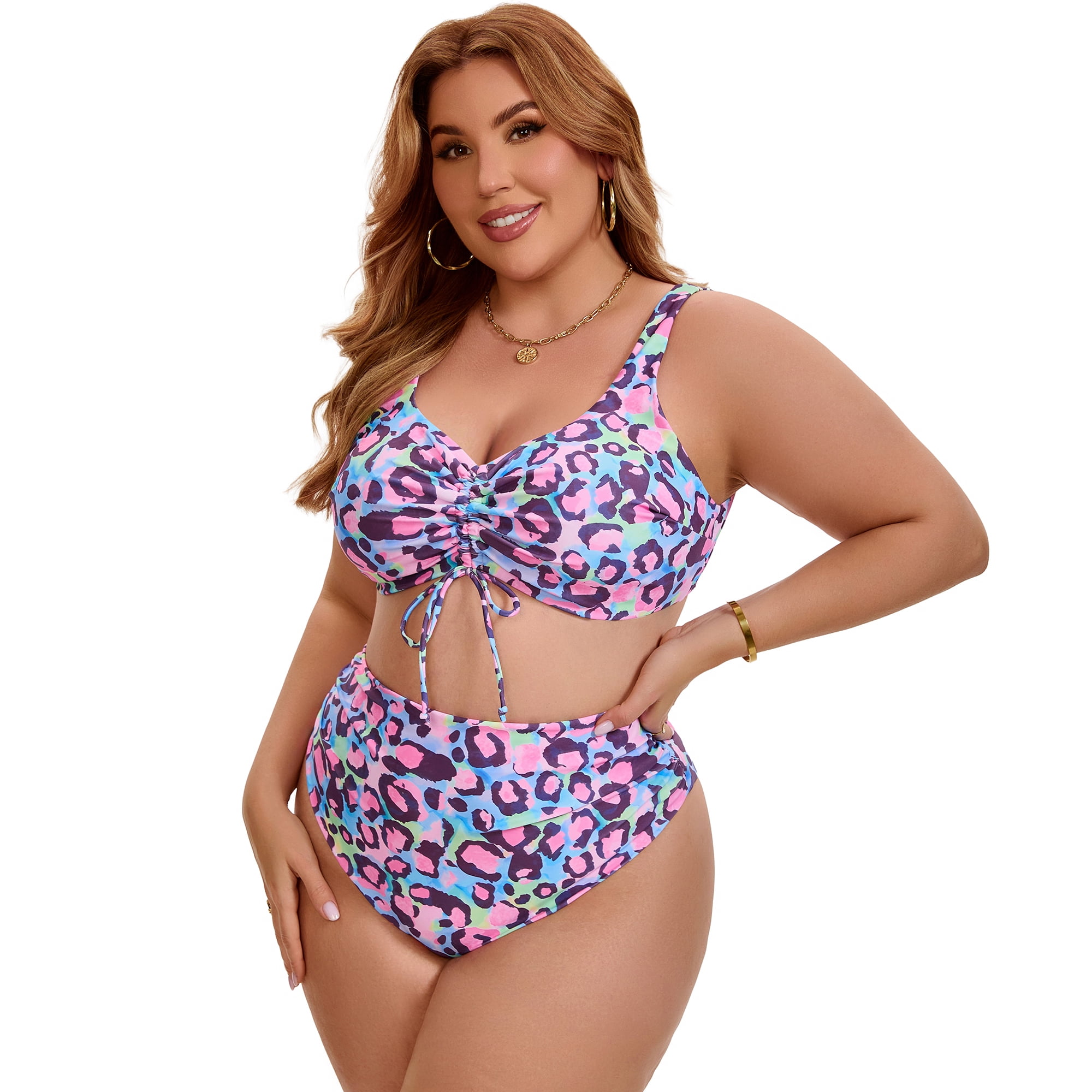 DARING DIVA Women's Plus Bikini High Waisted 2 Piece Bathing Suits 1X Green Pink