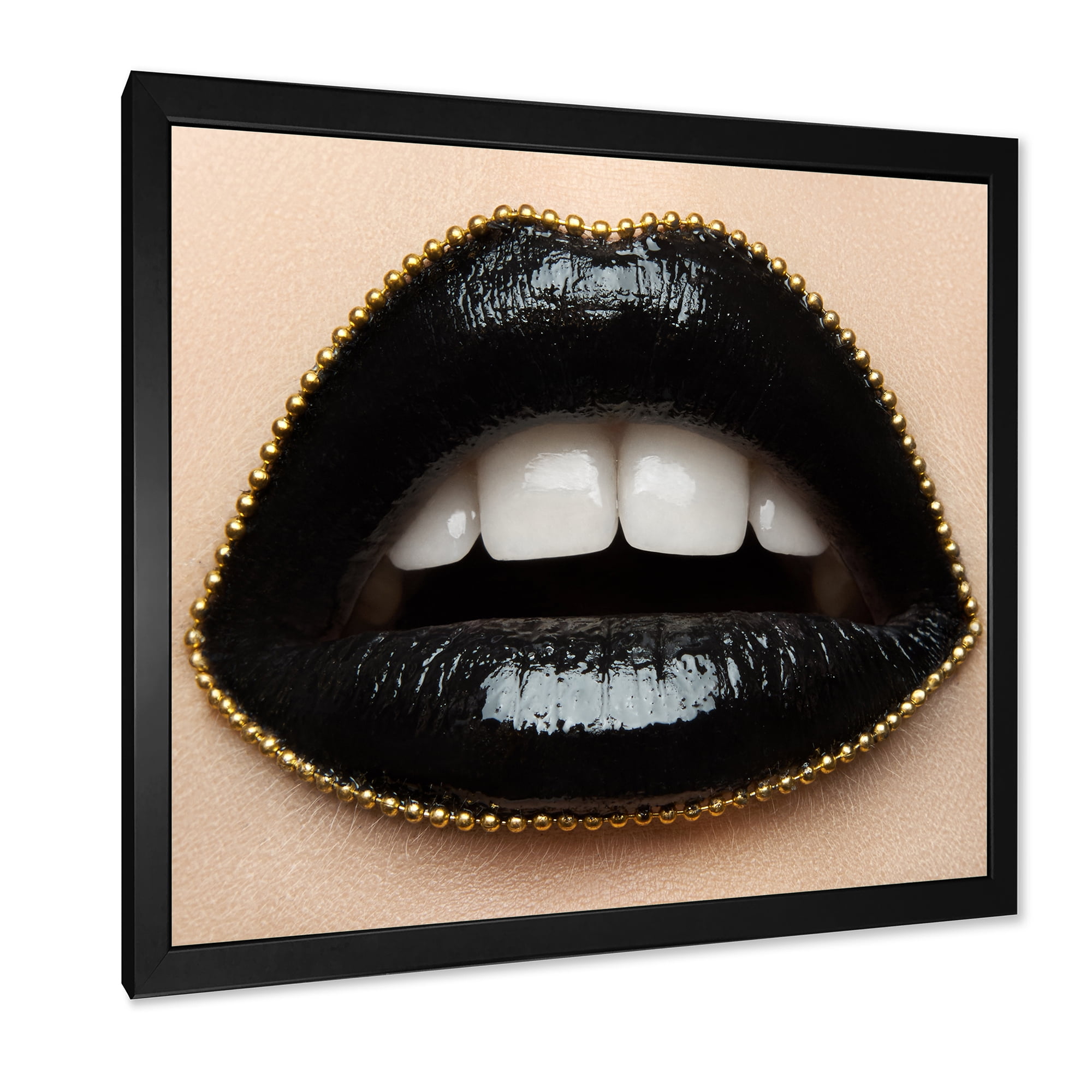 Designart 'Woman Lips With Black Lipstick & A Gold Chain' Modern Framed Art Print