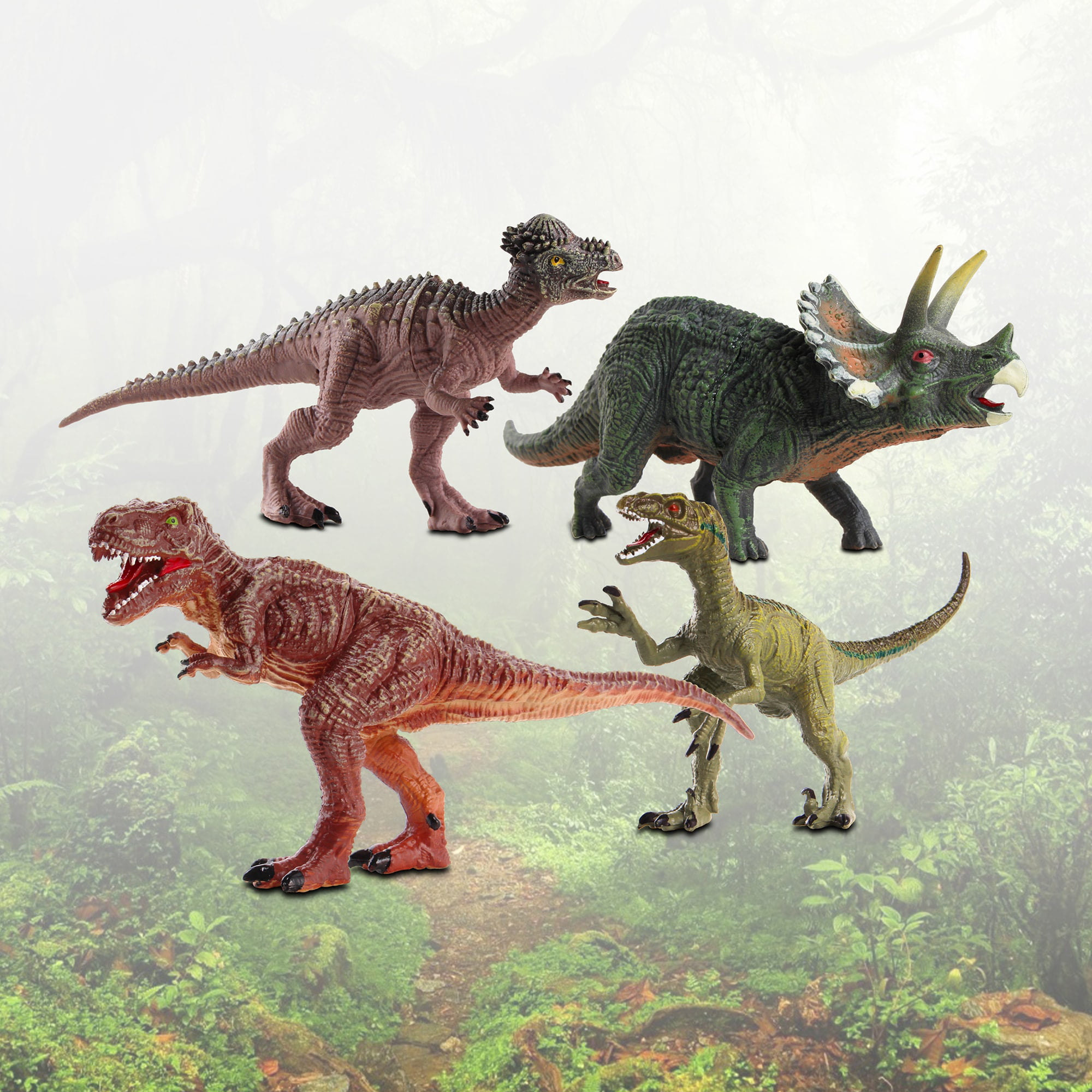 & Between Set Includes WowWorld: 3.5”-5” NKOK Long Pachycephalosaurus, Tall Dinosaurs Triceratops, & 8”-9.5” T-Rex, 4-Pack Poseable Playset Measure Dinosaurs Velociraptor, Medium