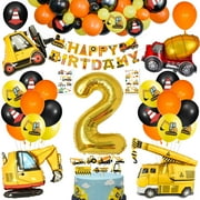 YANSION 2nd Birthday Decorations for Boy, Construction Birthday Party Supplies Truck Digger Birthday Balloons, Digger Happy Birthday Banner, Excavator Truck Bulldozer for 2 Years Old Birthday