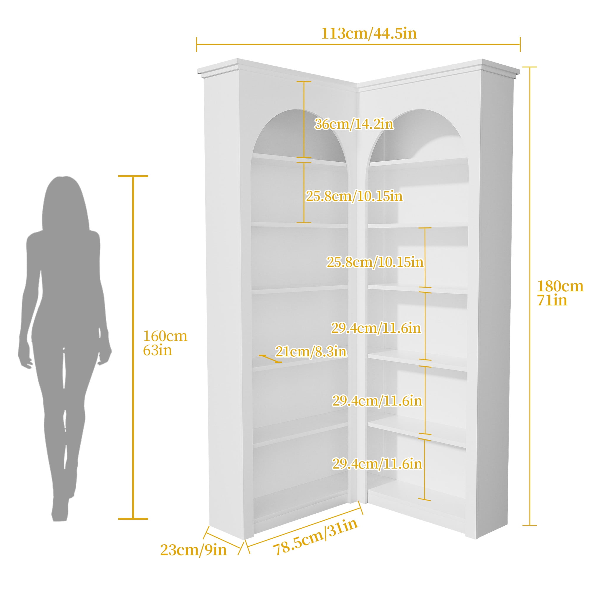 Modern 6 Tier Corner Bookcase, Arched Bookshelf Display Storage Cabinet, Home L-Shape Cabinet Living Room Furniture, White