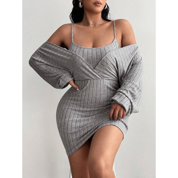 AURA Plus Size Women's Bodycon Dress V Neck Long Sleeve Faux Two Piece High Waist Short Dress