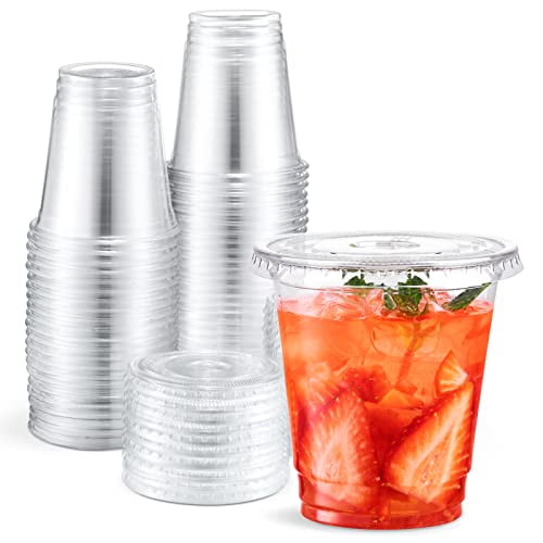 Eupako Gobelets en Plastique de 8 oz avec Couvercles, Gobelets Jetables Transparents avec Couvercles Plats, Contenants pour Boissons Froides Lot de 100