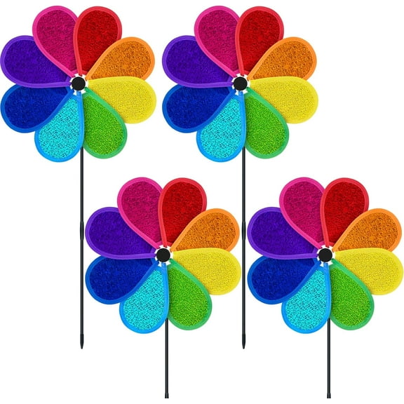 4 PCS 11.4" W x 28" H Reflective Pinwheels Sparkly Lawn Wind Spinners Colorful Rainbow Windmill for Garden Decoration Bird Devices Deterrent to Scare Birds Away（Multicolor）