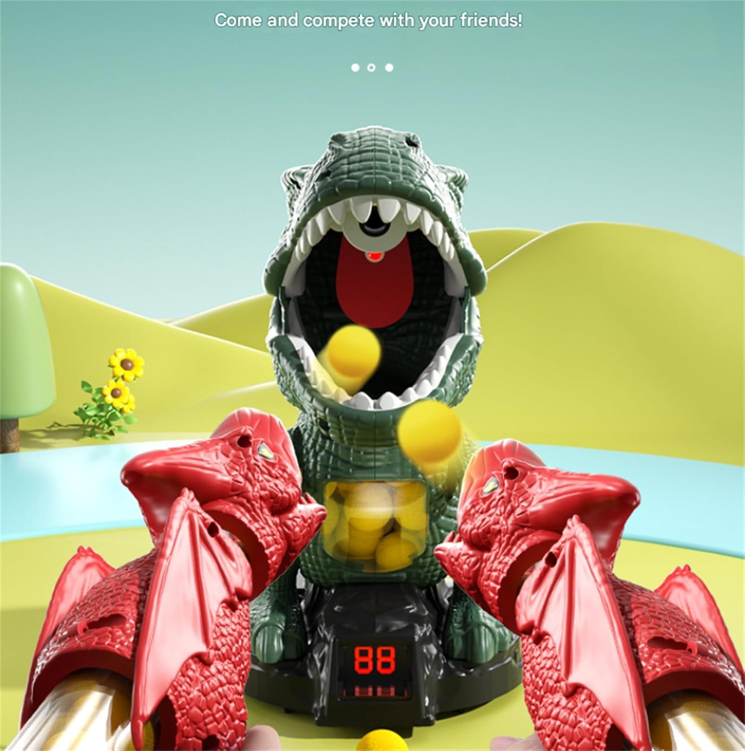 Chompshot Dinosaur, Dinosaur Shooting Blaster Toys, Movable Target Game with 2 Air Pump Launchers, LCD Score Record, Sound & 48 Foam Balls, Interactive Competition (A, 1Set)