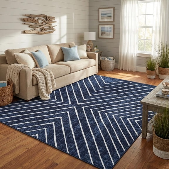 Striped Rugs for Living Room, 5x7 Area Rugs Ultra-Thin Soft Washable Rug, Non-Slip Bedroom Rug Stain Resistant Lightweight Boho Low-Pile Throw Rugs for ‎Dining Room Office.Blue