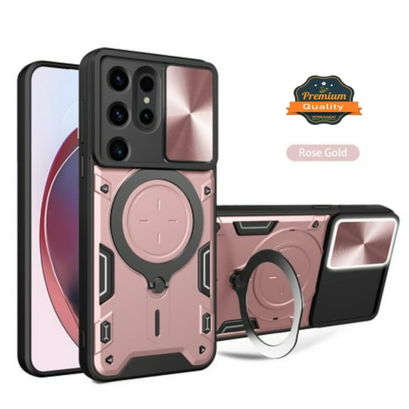 Xpression Phone Case For Samsung Galaxy S25 Ultra Hybrid Shockproof with Magnetic Ring Stand, Compatible with Magsafe & Sliding Camera Lens Protector Cover, Rose Gold