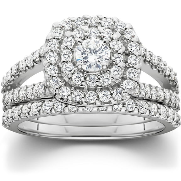 Pompeii 1 1/10ct Cushion Halo Diamond Engagement Wedding Ring Set 10K White Gold Carat