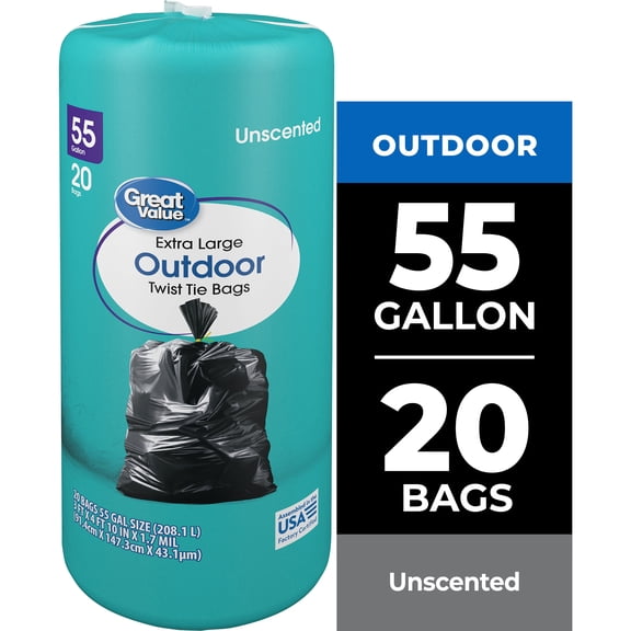 Great Value 55-Gallon Extra Large Outdoor Twist Tie Trash Bags, 20 Bags