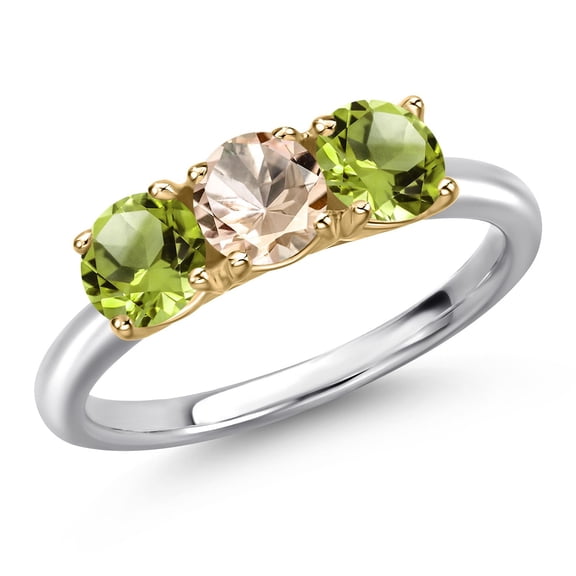 Gem Stone King 925 Silver and 10K Yellow Gold Peach Morganite and Green Peridot Engagement Ring for Women | 1.50 Cttw | Round 5MM | Gemstone October Birthstone | Size 7