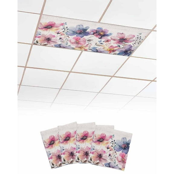 Fluorescent Light Covers for Ceiling Lights 4 Pack, Pink Blue Spring Floral Magnetic Ceiling Light Covers 2x4ft for Classroom Office School, Vintage Summer Botanical Rustic Drop Ceiling Light Shade