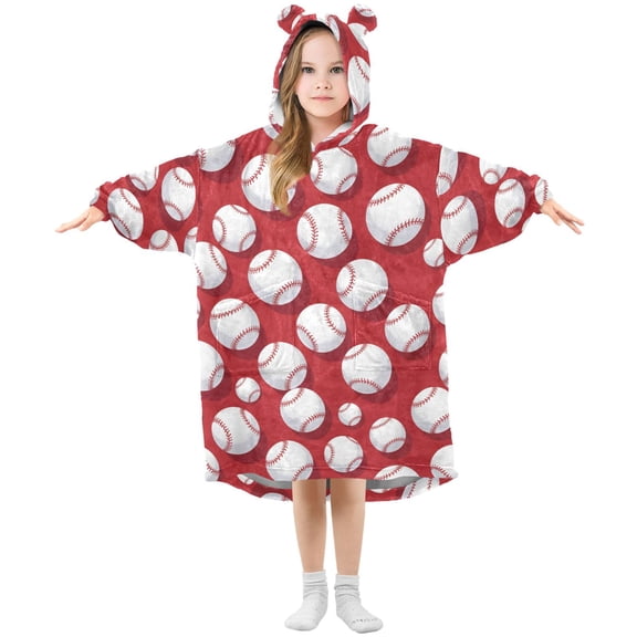 Baseball on Red Pattern Kids Wearable Blanket Hoodie Toddler Oversized Sherpa Sweatshirt 3-14 YR M
